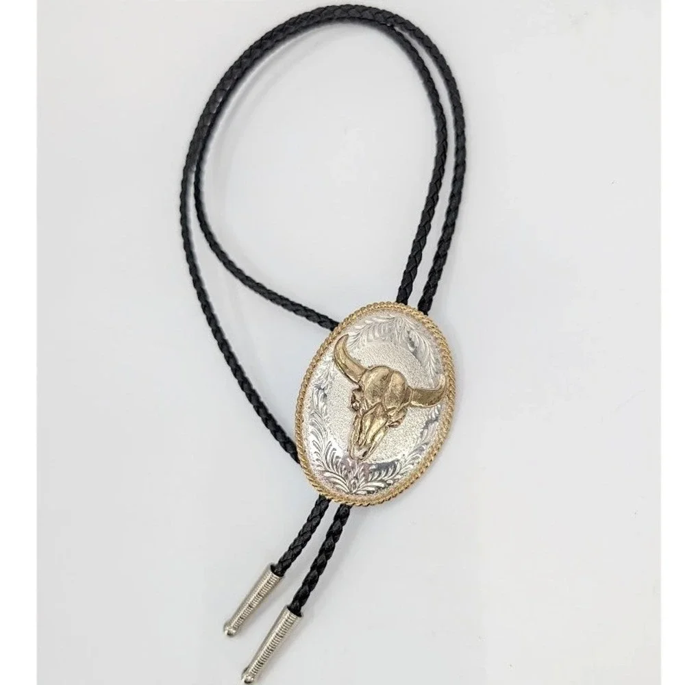 Vintage Western Bull Longhorn Skull Bolo Tie Silver Gold Tone Braided Cowboy